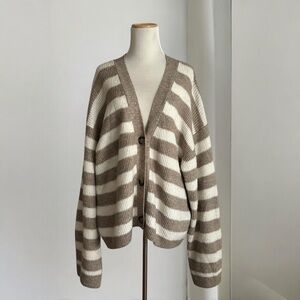 H&M Beige & White Striped Oversized Rib Knit Cardigan